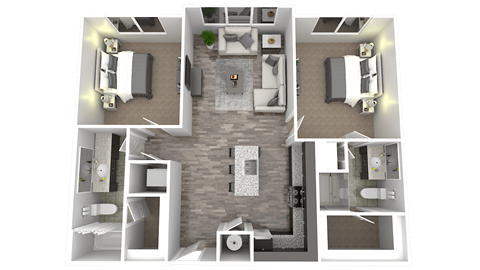 Floor plan for 2 beds, 2 baths, 967 sqft